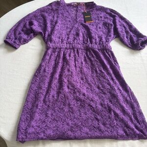 NWT Hugo Boss Macramé Lace Purple Midi Dress XL | Elegant Evening